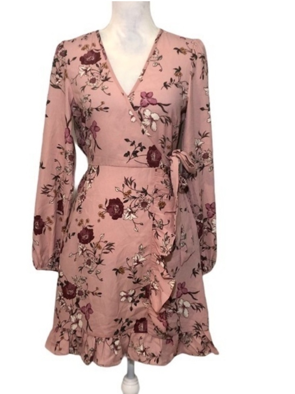 NWOT Pink Floral Faux Wrap Long Sleeve Dress New